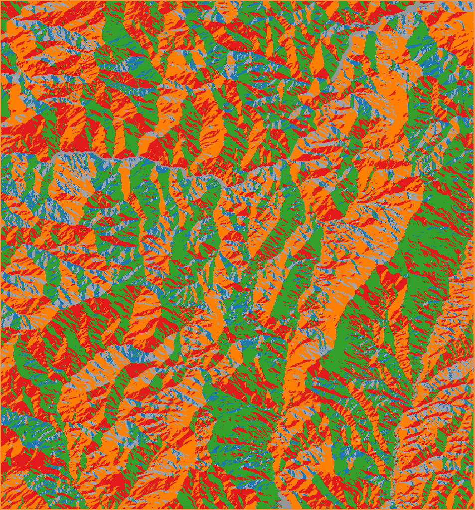 Aspect map of the same area: north-facing slopes in blue, east-facing in green, south-facing in red, west-facing in orange, flat areas in gray.