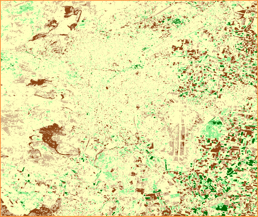 NDVI change map for Balıkesir-Merkez between June 2020 and June 2026: most of the area is light yellow, with scattered brown, beige, and green patches.