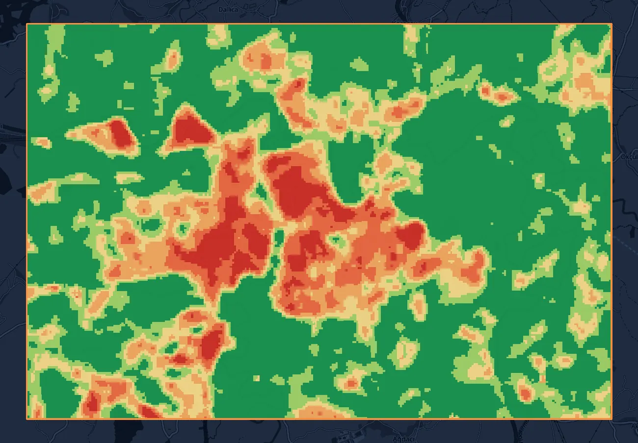 UTFVI map of Bartın, June 1 to September 30, 2026, on an OpenStreetMap base map: the hot classes (red and orange) cluster in the center, and the surroundings are mostly green.