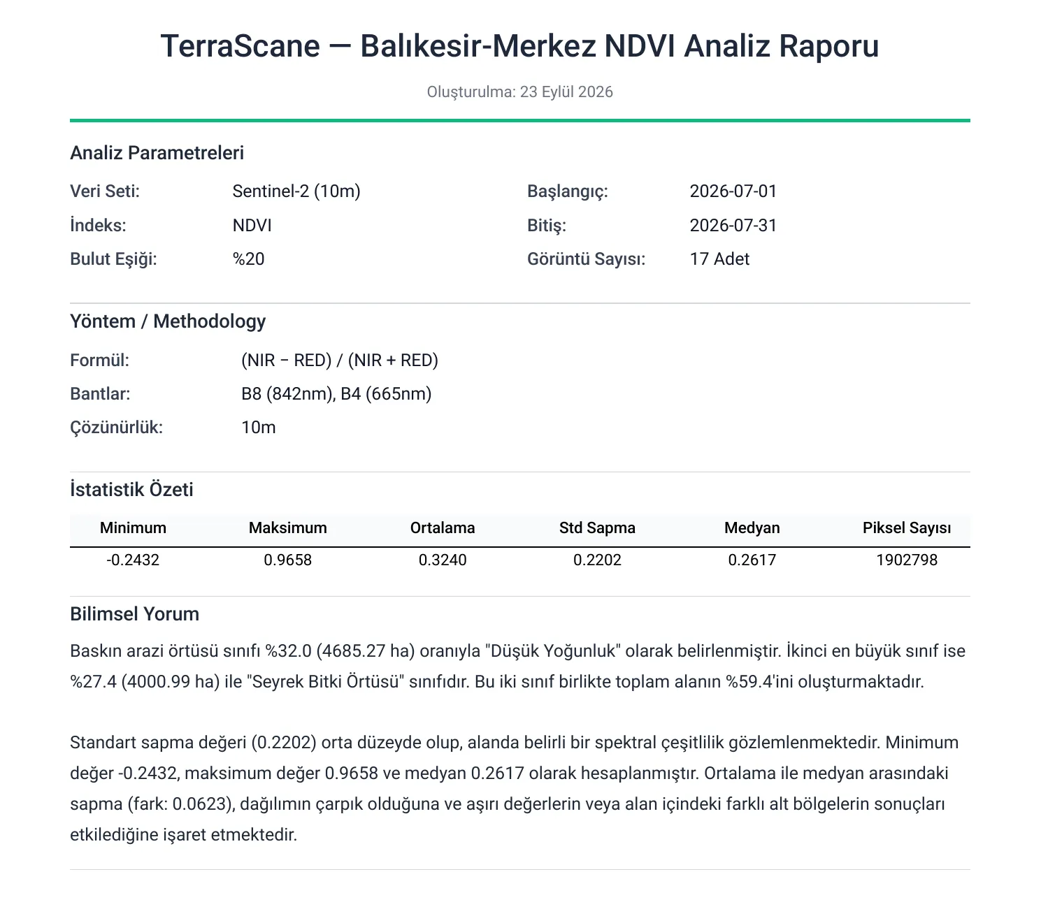 Tekli NDVI PDF raporunun ilk sayfasından kesit: analiz parametreleri, formül, bantlar ve çözünürlük satırlarından oluşan yöntem künyesi, istatistik özeti ve bilimsel yorumdan iki paragraf.