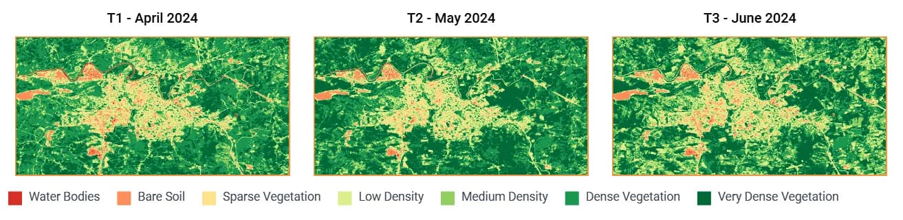 From the PDF report's synthesis page: the NDVI maps for April, May, and June 2024 and the legend.
