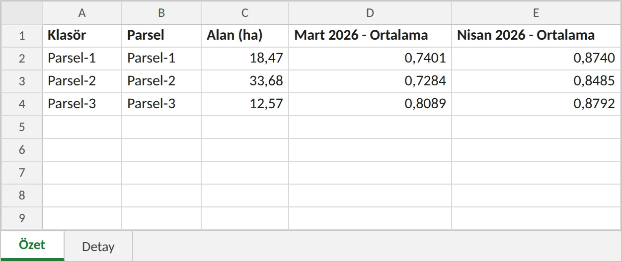 Portföy özeti Excel tablosu: üç tarla; klasör, parsel, alan ve her ayın ortalama NDVI değeri.